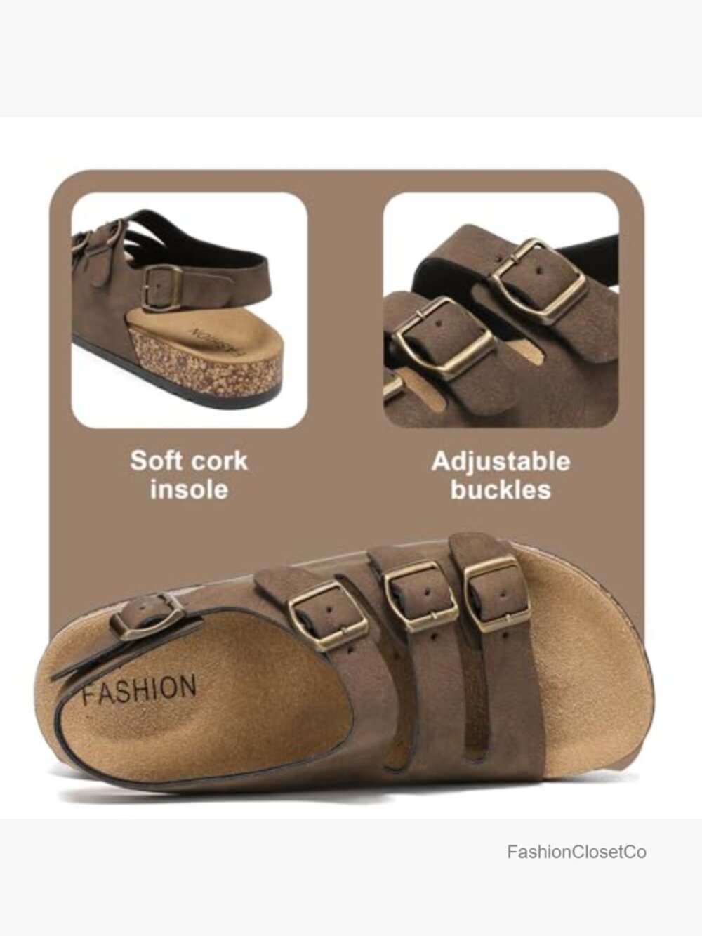 Women's Cork Footbed Sandals with Back Strap Adjustable Buckle Slingback Slides - Picture 4 of 6